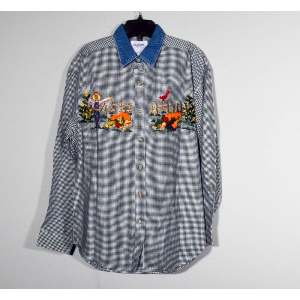 Solutions Original Embroidered Scarecrow Black & White Check Shirt Sz M